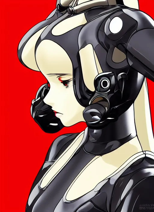 Prompt: Portrait of a female mech pilot in a black latex bodysuit, anime, cel-shaded, highly detailed, monotone, red highlights