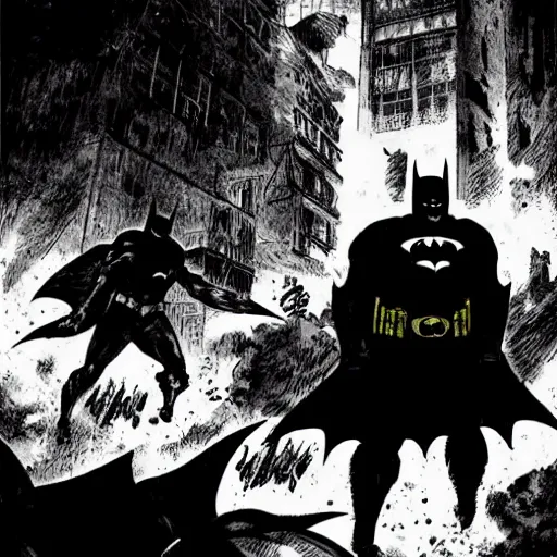 Image similar to Comic book page of Batman from Batman Arkham Knight fighting goons in a dark alley, dark atmosphere, ominous, menacing