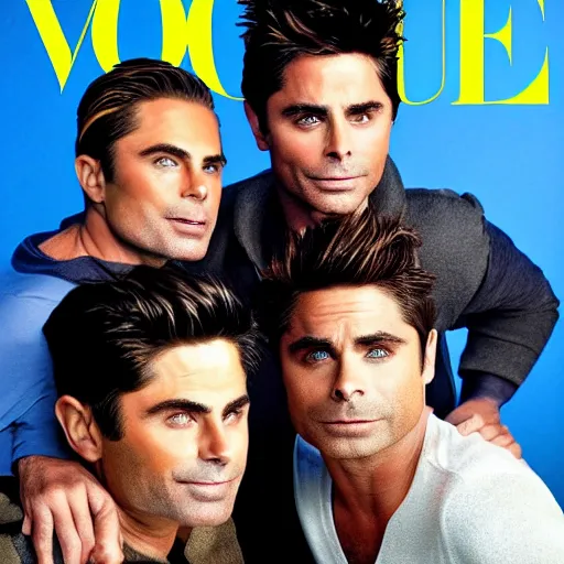 Image similar to portrait of zac efron and john stamos and rob lowe, vogue magazine cover, dramatic light, photoshoot, face photo, detailed, face details sharp,