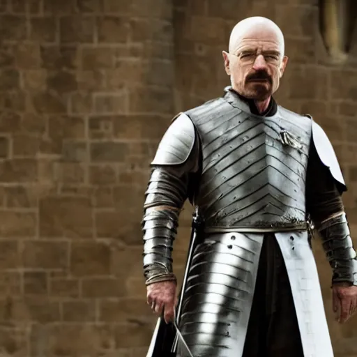 Image similar to walter white dresses like a knight from game of thrones, holding a sword, cinematic, highly - detailed, 8 k, hbo, game of thrones, realistic