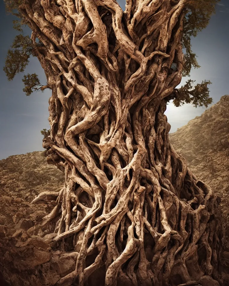 Prompt: Book cover artwork of a giant mythical wretched tree made of human flesh, limbs and bones growing in the middle of a desert canyon seen from afar.