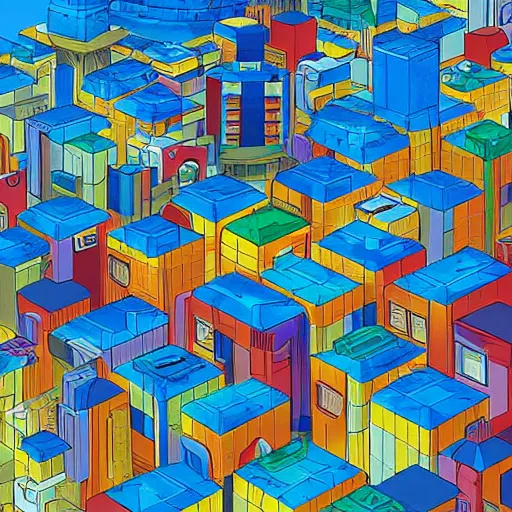 Prompt: futuristic city on a mountainside, red - yellow - blue buildings, city, q - bert blocks, colorful blocks on hillside, 3 d blocks, cel - shaded, raytracing, cel - shading, toon - shading, 2 0 0 1 anime, flcl, jet set radio future, drawn by artgerm