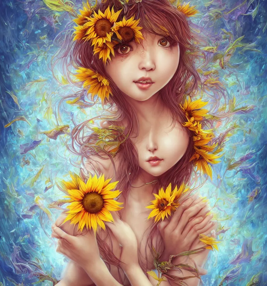 Prompt: a cute sunflower nymph of east - asian descent, created by antonio j. manzanedo, giger, alex grey, android jones, wayne barlowe, philippe druillet, raymond swanland, cyril rolando, josephine wall, harumi hironaka, trending on artstation