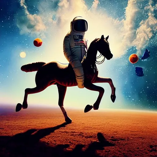 Image similar to a anthropomorphic horse - astronaut riding an horse like astronaut, hyperrealism, no blur, 4 k resolution, ultra detailed, style of ron cobb, adolf hiremy - hirschl, syd mead, ismail inceoglu, rene margitte