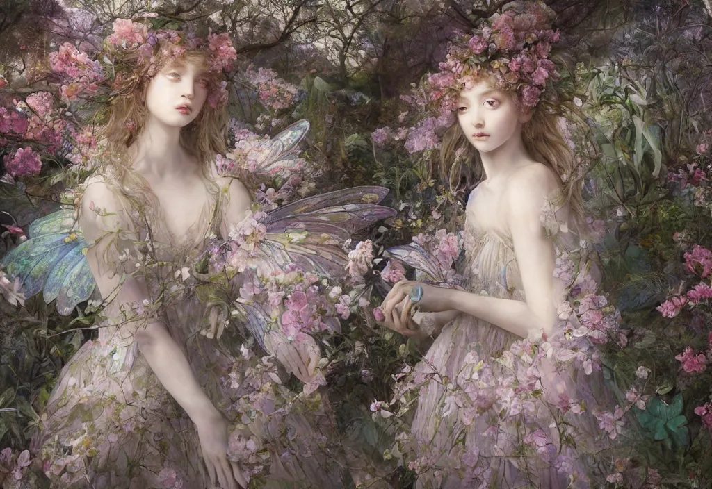 Prompt: breathtaking detailed soft painting of a little fairy princess in the distance of a luxurious dawnforest by Ayami kojima and loputyn, gauze rose dress of stained glass floating around, detailed realistyc symmetrical facial features, amalgamation of leaves and flowers, 8k, concept art, matte, sharp focus, rembrandt style