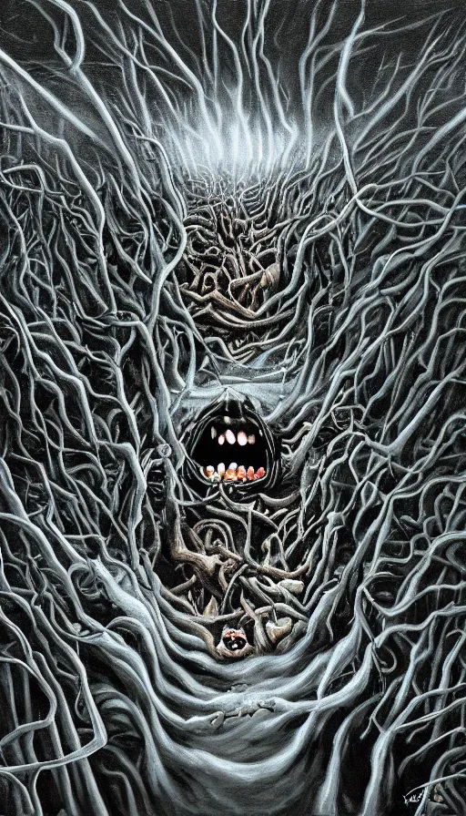 Image similar to a storm vortex made of many demonic eyes and teeth over a forest, by jason de graaf