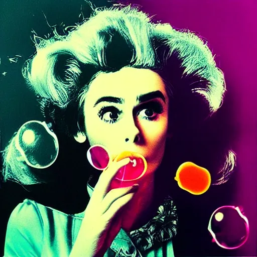 Image similar to “Lilly Collins blowing bubbles artistic Andy Warhol style portrait”