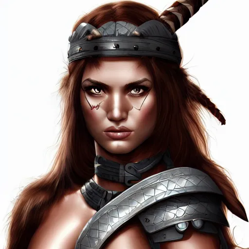 Image similar to head and shoulders portrait of a barbarian, female, by artgerm, behance hd, shutterstock, clean cel shaded vector art illustration,