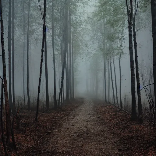 Image similar to dark liminal forest, dirt path, tall birch trees, foggy, highly realistic, 5 mm canon lens, 4 k,