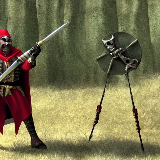 Image similar to Orc male readies his rifle, staring down the telescopic sights. His red and gold cape fluffers in the wind, and his renaissance era armor glistens in the sunshine.