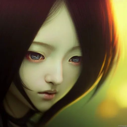 Image similar to angelic japanese girl by tom bagshaw, green eyes and long black hair by ilya kuvshinov, rtx reflections, octane render 1 2 8 k, extreme high intricate details by wlop, digital anime art by ross tran, wide shot, close up shot, composition by sana takeda, dramatic lighting by greg rutkowski