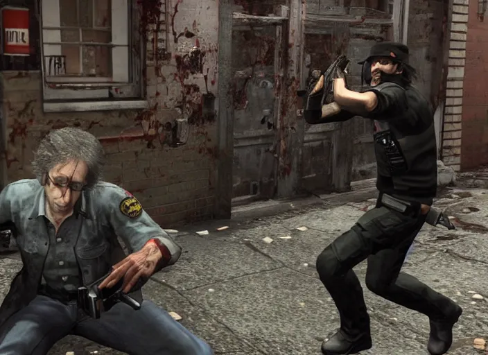 Prompt: video game still of larry david as leon fighting off a zombie in the video game resident evil 2,