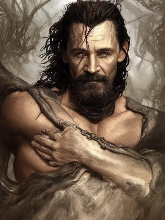 Image similar to painted portrait of rugged loki, god of trickery, norse god, black luscious hair, masculine, mature, handsome, upper body, grey and silver, muscular, fantasy, intricate, muscular, elegant, highly detailed, digital painting, artstation, concept art, smooth, sharp focus, illustration, art by gaston bussiere and alphonse mucha