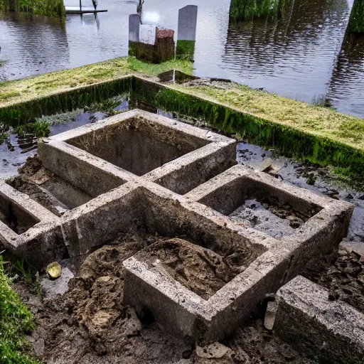 Image similar to The mixed mediart shows a grave that has been flooded with water. The grave is located in a cemetery in Italy. The water in the grave is dirty and there is trash floating in it. The grave is surrounded by a fence. by Henry Moore contest winner