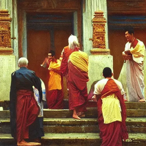 Prompt: 8 0 s buddhist priests on greek senete counsil in baroque painting, painting by gaston bussiere, craig mullins