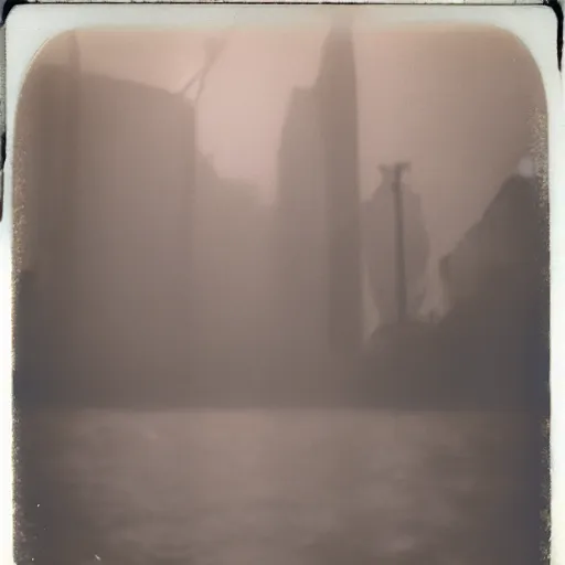 Prompt: massive underwater structure, dark, deep underwater, megalophobia, thallasophobia, submechanophobia, creepy, eerie, scary, horror, murky water, old polaroid, expired film,