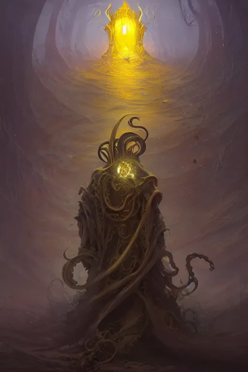 Prompt: A full body portrait of a mysterious character with no face with a very long hooded yellow cloak, a golden crown floating above his head, tentacles coming out the ground art by Marc Simonetti and peter mohrbacher, sharp focus, ominous, cosmic horror, trending on artstation, Ultra detailed, hyper realistic 4k