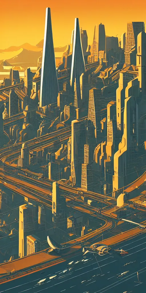 Image similar to retro futuristic art of san francisco in the year 2 1 0 0, trending on artstation