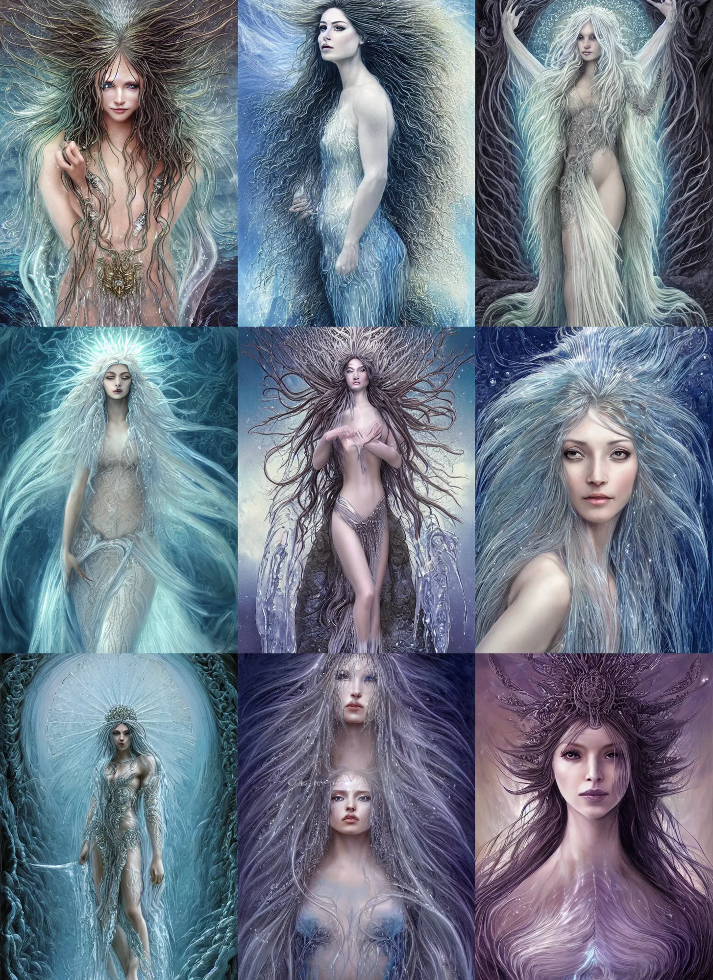 Prompt: radiant goddess made of ice long hair like a waterfall rising from the water, full body, horizontal symmetry, elegant, majestic, intricate details, highly detailed, intricate fractal background, digital painting, artstation, masterpiece, concept art, wallpaper, smooth, sharp focus, illustration, epic light, art by gerard brom, brian froud, giger and terada katsuya