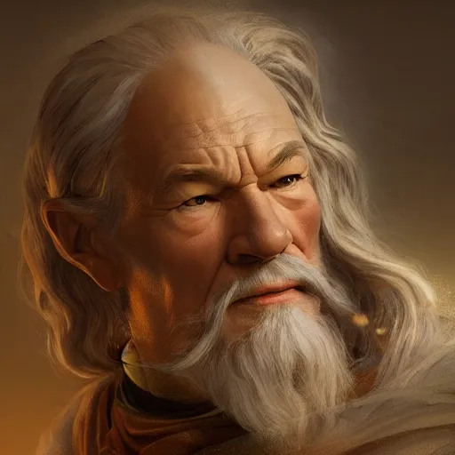 Prompt: patrick stewart as gandalf by leonardo divinci, greg rutkowski, alphonse mucha, mystical cosmic lighting, octane render, artstation, rey tracing, golden ratio, rule of thirds, perfect composition