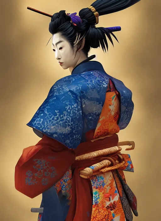 Image similar to kitsune samurai in autumn color kimono holding a blue sparrow, subsurface scattering, by jesper ejsing, justin gerard, tomasz alen kopera, cgsociety and fenghua zhong, highly detailed, rim light, cinematic lighting, illustration, art, octane render, very coherent, cinematic, hyper realism, high detail, octane render, 8 k