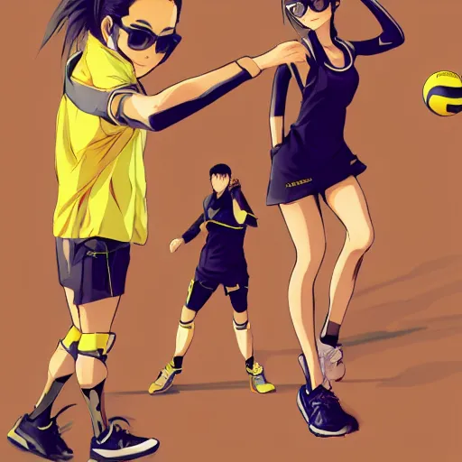 Prompt: character design different angles, manga style, realistic lighting, futuristic solid colors, made by ilya kuvshinov, sold on sukebannyc, from arknights, female beach volley player, elegant, yellow sport glasses, sport clothing, sneaker shoes, simple background