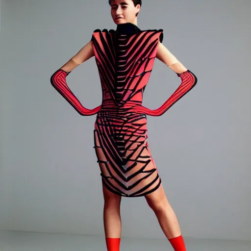 Image similar to woman wearing a cup ramen dress designed by issey miyake