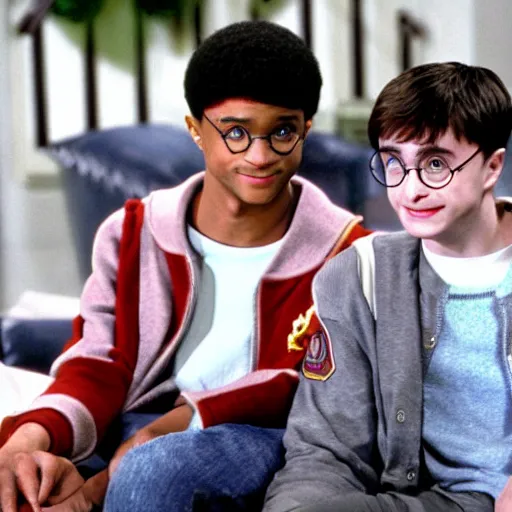 Image similar to Daniel Radcliffe as Harry Potter next to Will Smith in Fresh Prince of Bell Air