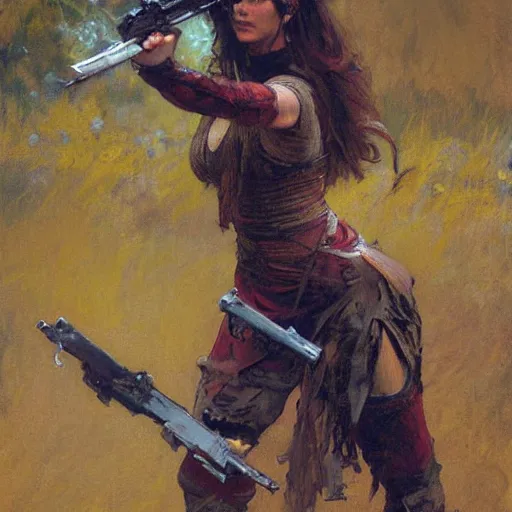 Prompt: female warrior wielding a gun painting, henry asencio, craig mullins, alphonse mucha