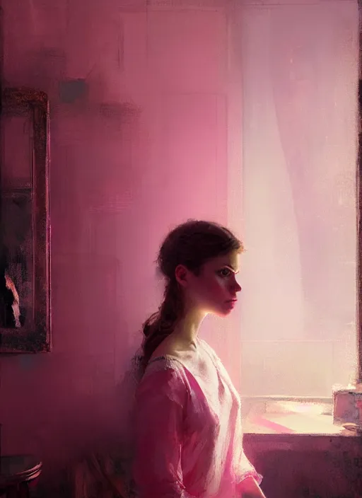 Prompt: portrait of a beautiful girl in her bedroom, shades of pink, beautiful face, rule of thirds, intricate outfit, spotlight, by greg rutkowski, by jeremy mann, digital painting