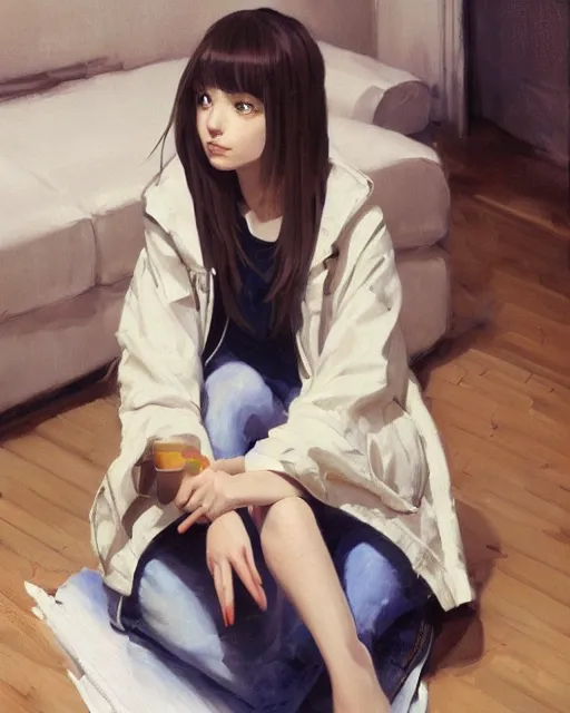 Image similar to A ultradetailed beautiful panting of a stylish girl sitting on the floor of a messy apartment, she is wearing an oversized jacket, Oil painting, by Ilya Kuvshinov, Greg Rutkowski and Makoto Shinkai