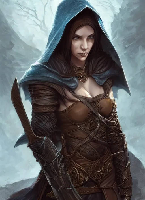 Image similar to a serious hooded half elf middle aged rogue, strong, full body, 8 k, hyperrealistic, dragon slayer, hyperdetailed, fantasy portrait by laura sava