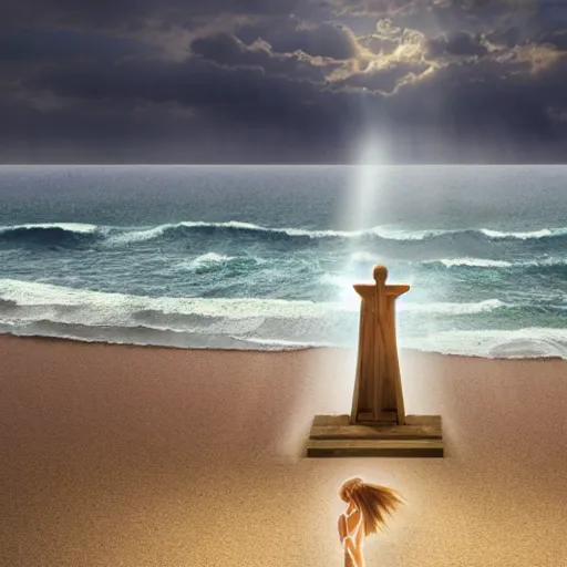 Image similar to a highly detailed vector render of a large cross standing on the beach as a storm comes in with the tide, a beautiful blonde woman sitting in the sand watching the ocean, epic fantasy, god rays, rocky beach, aerial photography, volumetric lighting, octane render, exquisite detail, 8 k, art by hayao miyazaki and albert bierstadt and alphonse mucha