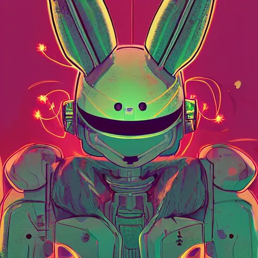 Prompt: portrait of a anthropomorphic bunny robot with human characteristics, digital art, epic composition, fantasy, explosion of color, highly detailed, in the style of jake parker, in the style of conrad roset, swirly vibrant colors, sharp focus