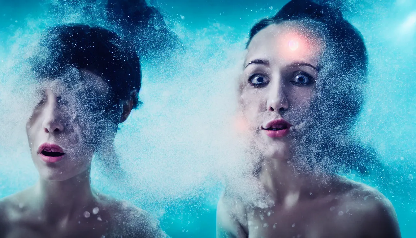 Prompt: humans hide in the underwater, feedback loop , burst of powders ,volumetric lighting, twisting vapour, bellowing dust , emerging hands and beautiful woman’s face , full colour , upscale , 4k