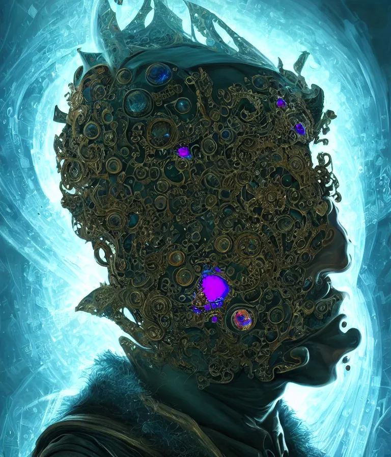 Image similar to front!!! shot of a court jester!!! character, mesmerizing fractal hypercubes, dark holography!!!, future, oil slick, crystalline edges, (((intricate))), elegant, highly detailed, centered, (((artstation, concept art, smooth, sharp focus, artgerm, Tomasz Alen Kopera, Peter Mohrbacher, donato giancola, Joseph Christian Leyendecker, WLOP, Boris Vallejo))), ((raytracing)), mugshot!!!!!, ugly!!!!!!, octane render, nvidia raytracing demo, octane render, nvidia raytracing demo, octane render, nvidia raytracing demo, grainy, muted, 8K, digitalblasphemy, metatron