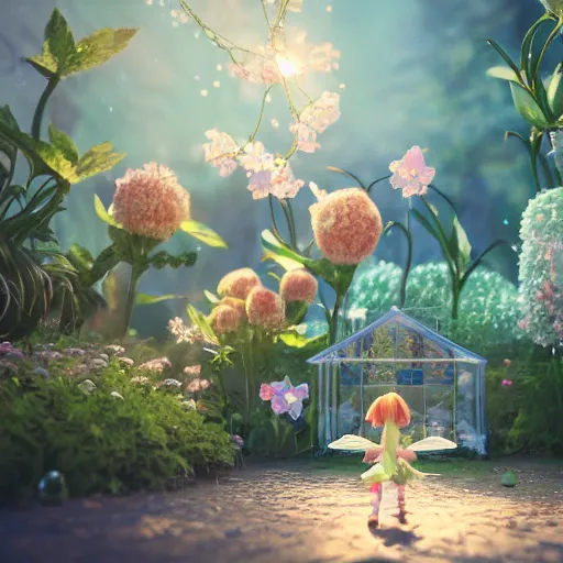 Image similar to a tiny cute fairy in a flower house, cute, adorable, volumetric light, octane render, trending on artstation