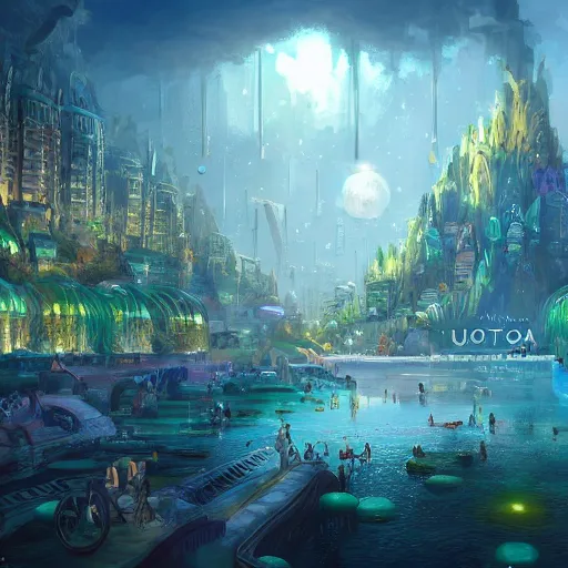 Prompt: a utopian city, filled with fauna, with bubbles floating around everywhere, dynamic lighting, fantasy concept art, trending on art station, stunning visuals, creative, cinematic, ultra detailed