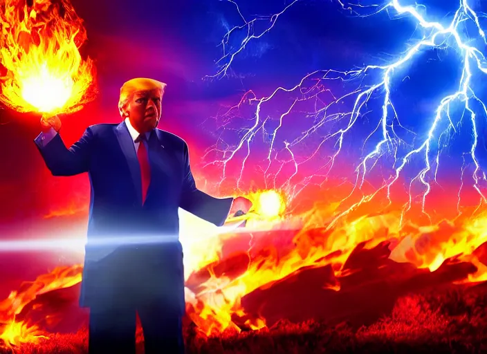 Image similar to burning donald trump as the avatar casting fireballs, colorful hd picure, lightning in the background