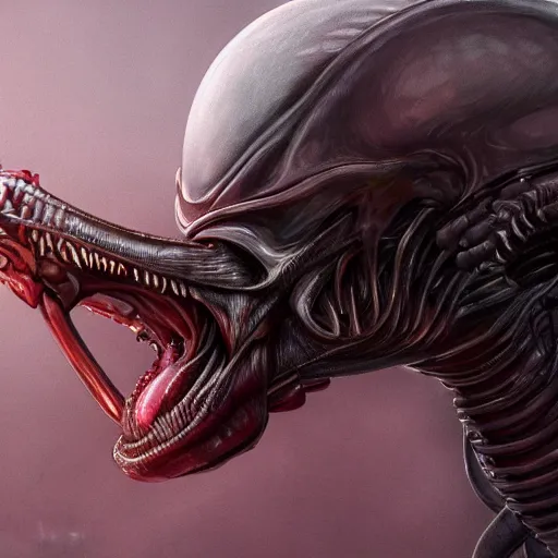 Image similar to a beautiful being licked by an xenomorph, highly detailed, photorealistic, artstation, smooth