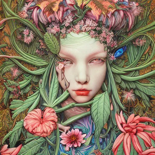 Image similar to goddess of plants by james jean highly detailed painting trending on arstation vivid colors cannabis