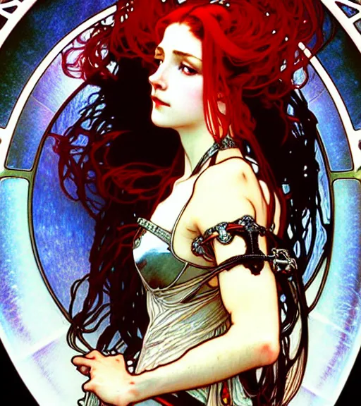 Prompt: realistic detailed profile portrait of a young beautiful baroque cyberpunk woman with long red hair wearing a silver dress dancing in the moonlight by alphonse mucha, ayami kojima, amano, greg hildebrandt, and mark brooks, female, feminine, cyberpunk, neo - gothic, gothic, character concept design