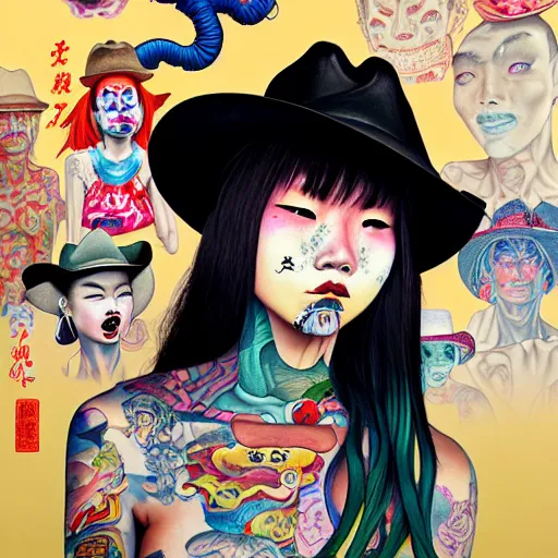 Image similar to full view, from a distance, of taiwanese girl with tattoos, wearing a cowboy hat, style of yoshii chie and hikari shimoda and martine johanna and edward hopper and james gilleard and zdzislaw beksisnski, highly detailed