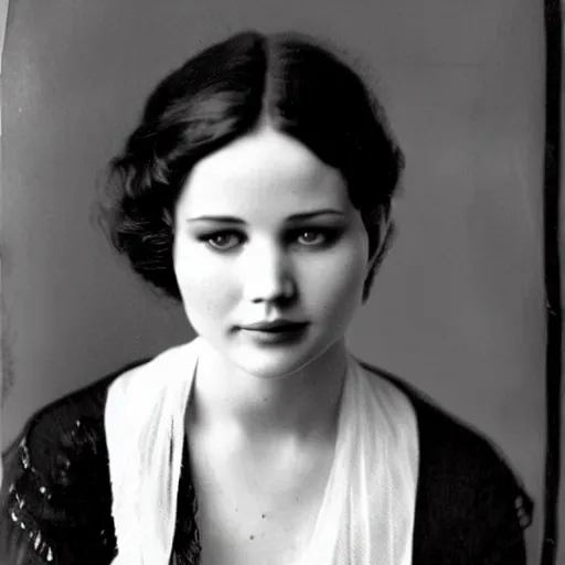 Prompt: headshot edwardian photograph of jennifer lawrence, angelina jolie, 1 9 2 0 s film actress, realistic face, 1 9 1 0 s, grainy, victorian, soft blur