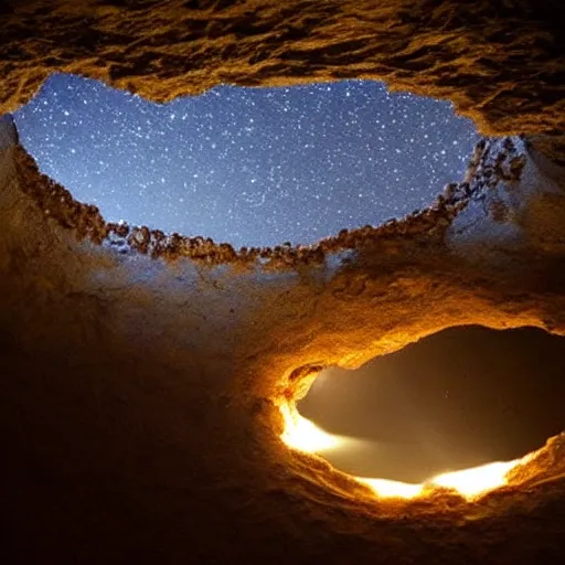 Image similar to a hole on ceiling cave, stars visible through hole