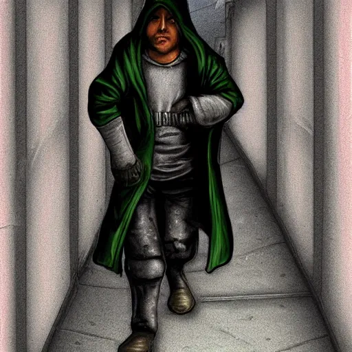 Prompt: a hooded rogue leads you by the hand down an alleyway, digital art