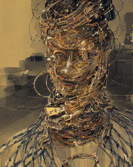Prompt: Kuniyoshi portrait of a robot saint made of cables and robotic pod by greg rutkowski