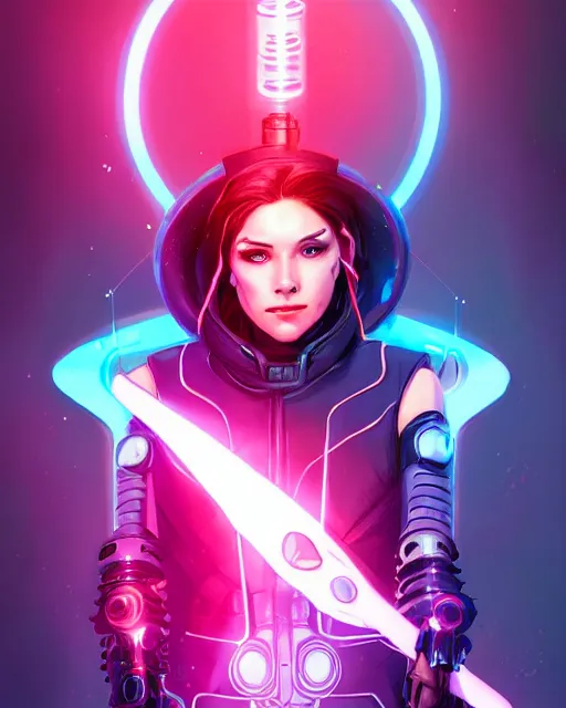 Prompt: A cybernetic witch wielding a futuristic power staff, digital apex legends illustration portrait, gorgeous lighting, wide angle action dynamic portrait, art by Ross tran, Pink and blue palette, high contrast,