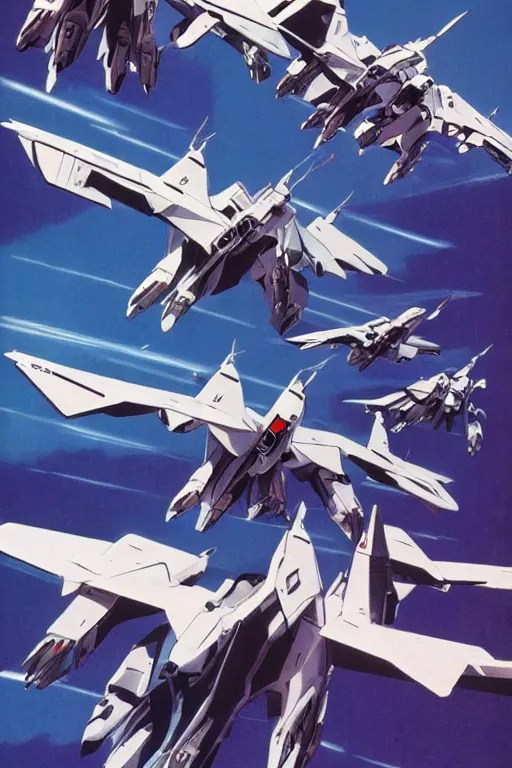 Prompt: a group of vf - 1 valkyrie robotech veritech fighters flying next to each other, poster art by syd mead, behance, retrofuturism, dynamic composition, poster art, glitch art