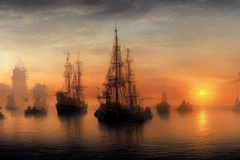 Prompt: ship in harbor, sunset, 4k, artstation, caspar friedrich, mist